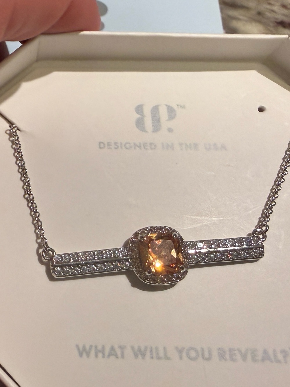 Bomb Party Dreaming of Paradise Necklace Champagne Center Stone and Pavé Bar